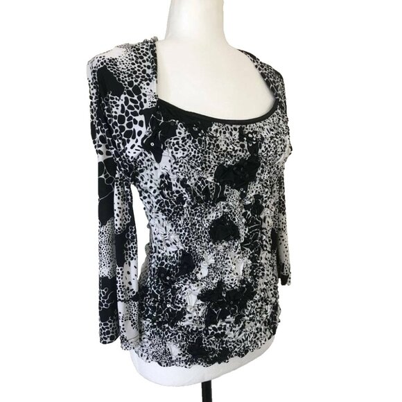 JOSEPH RIBKOFF Top Size 10 Black White Puckered Front Sequins 3/4 Sleeves - Picture 3 of 7